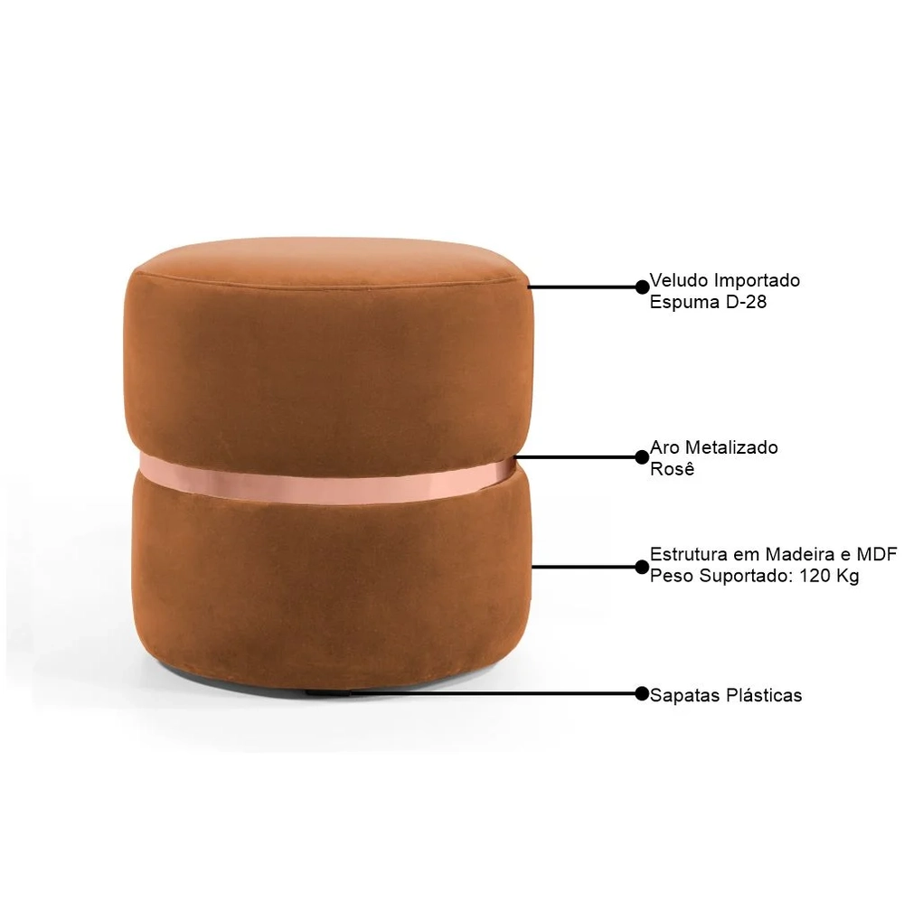 Puff Decorativo Com Cinto Rosê Round C-262 Veludo Laranja - Domi