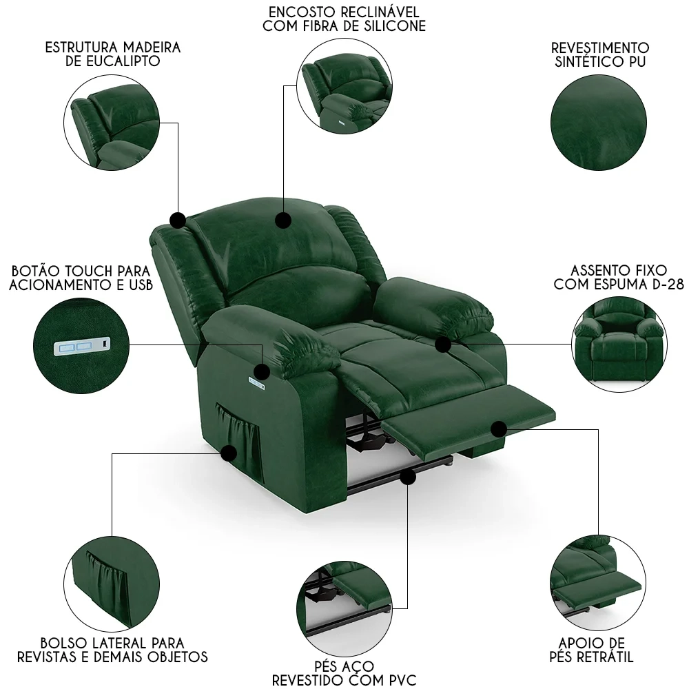 Poltrona do Papai Reclinável Pietra Elétrica LED FH9 PU Verde Musgo - Mpozenato