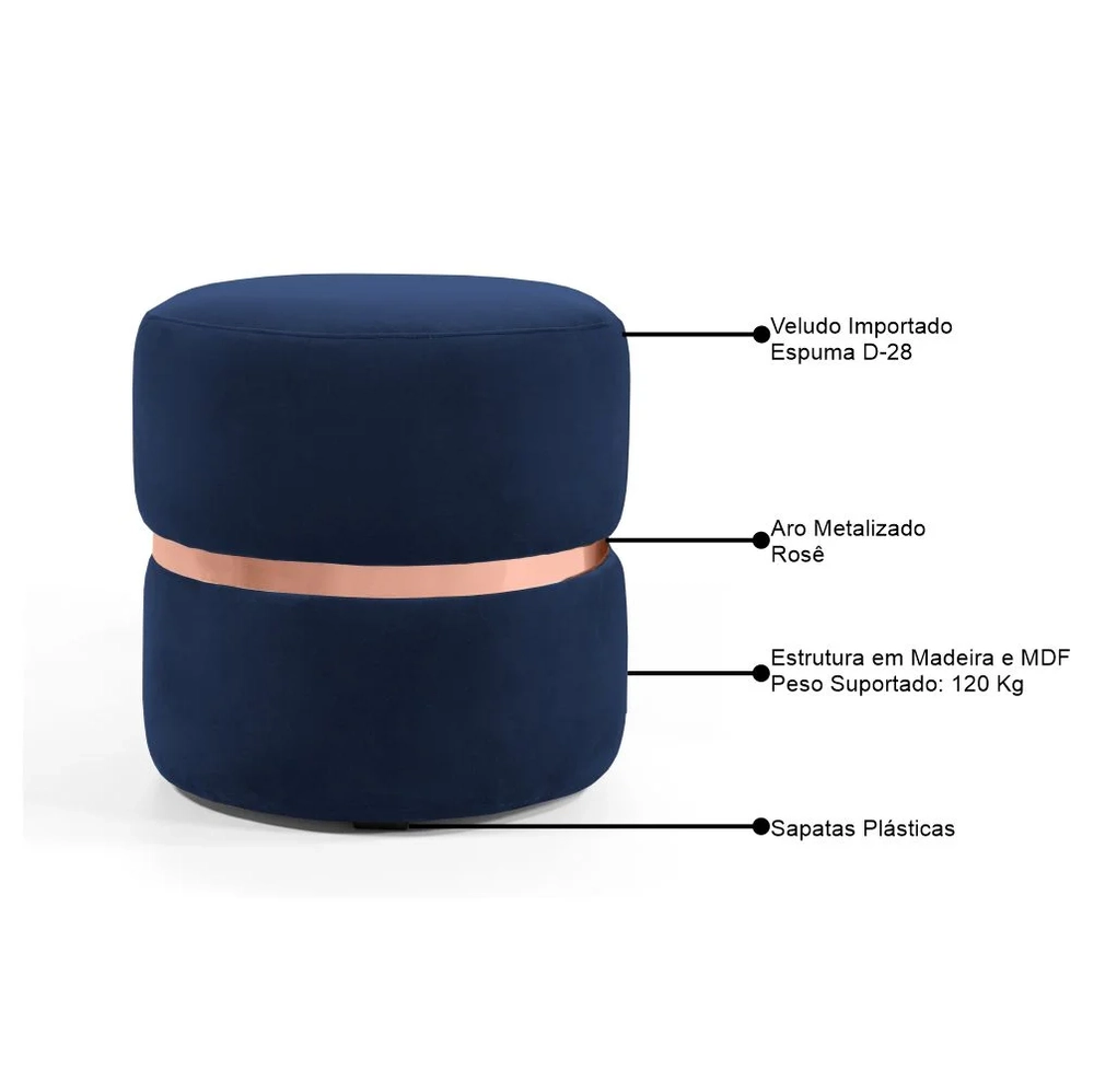 Puff Decorativo Com Cinto Rosê Round C-287 Veludo Marinho - Domi