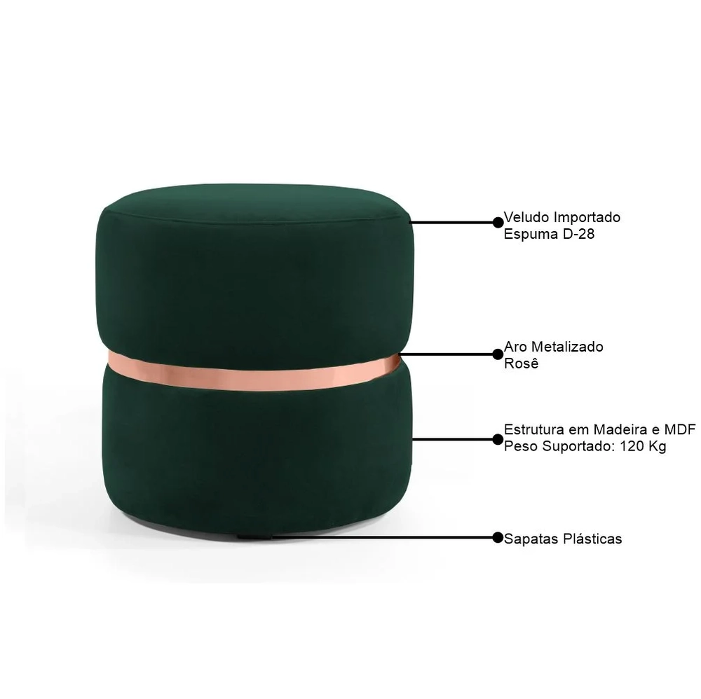 Puff Decorativo Com Cinto Rosê Round C-303 Veludo Verde Musgo - Domi