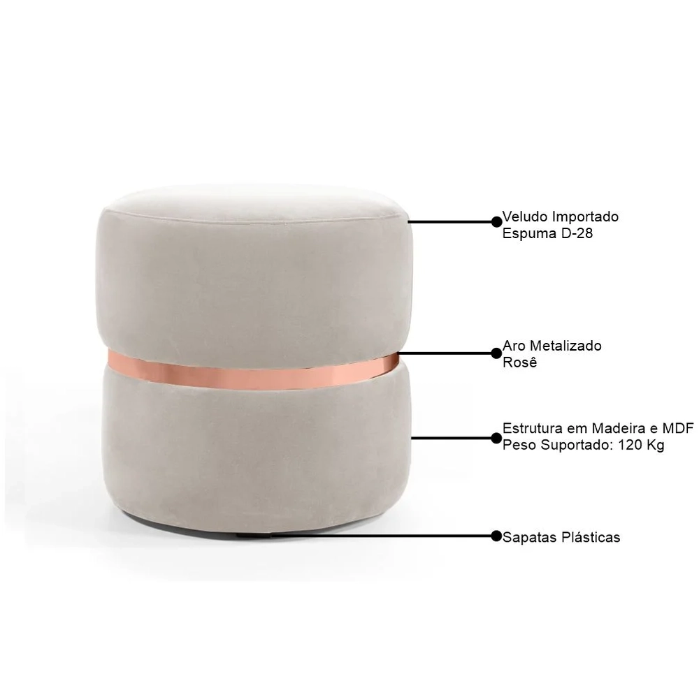 Puff Decorativo Com Cinto Rosê Round C-309 Veludo Bege Claro - Domi