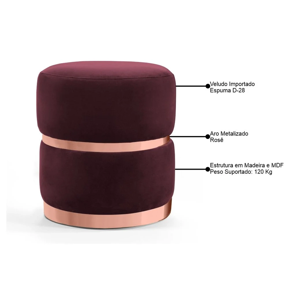 Puff Decorativo Com Cinto e Aro Rosê Round C-278 Veludo Marsala - Domi