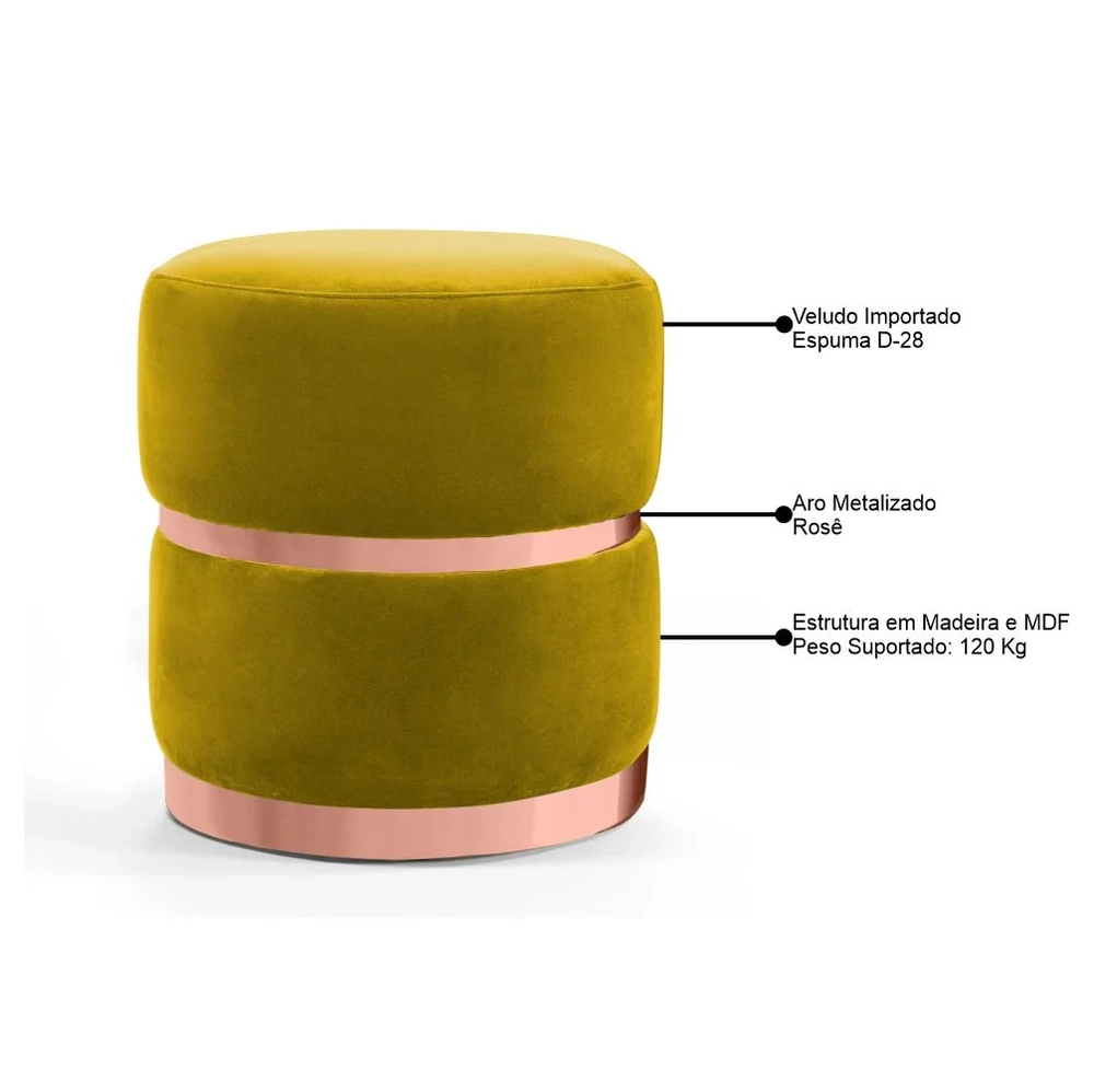 Puff Decorativo Com Cinto e Aro Rosê Round C-279 Veludo Amarelo - Domi