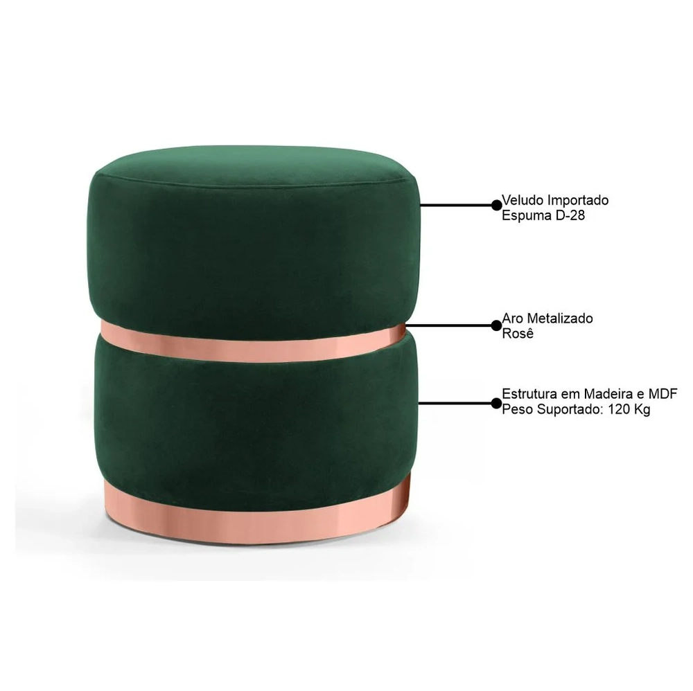 Puff Decorativo Com Cinto e Aro Rosê Round C-303 Veludo Verde Musgo - Domi