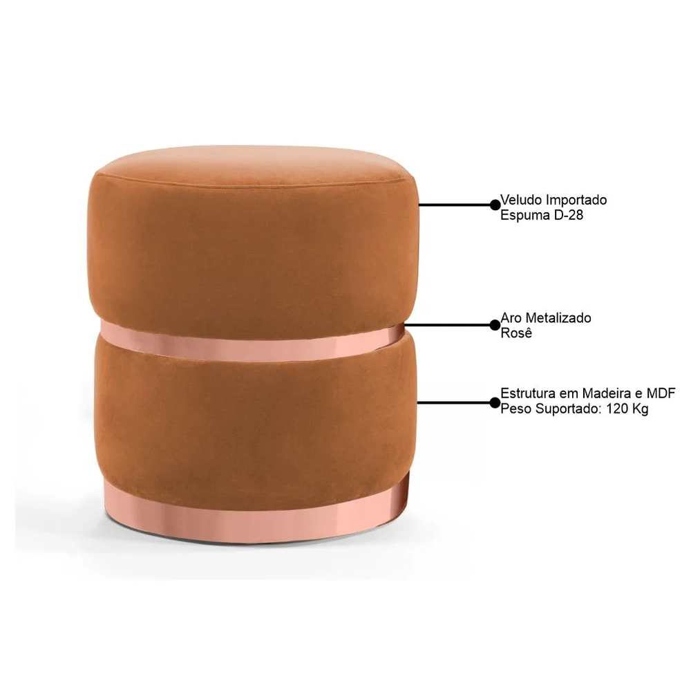 Puff Decorativo Com Cinto e Aro Rosê Round C-262 Veludo Laranja - Domi