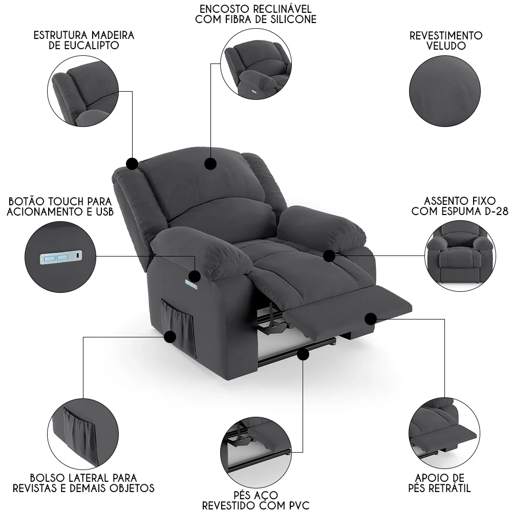 Poltrona do Papai Reclinável Pietra Elétrica LED FH9 Veludo Cinza - Mpozenato