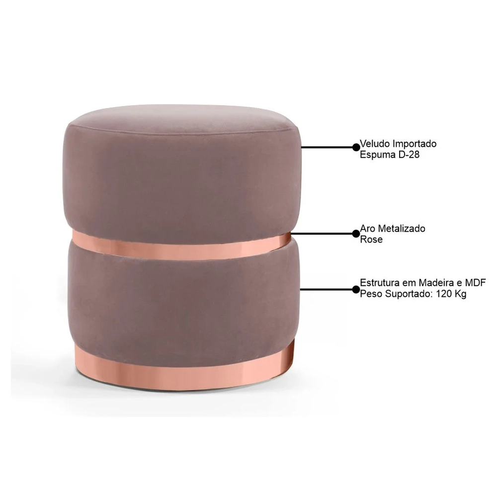 Puff Decorativo Com Cinto e Aro Rosê Round C-305 Veludo Rosê - Domi