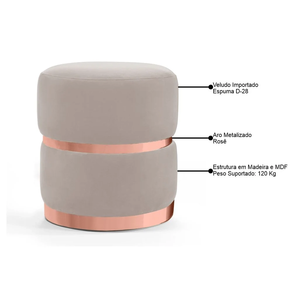 Puff Decorativo Com Cinto e Aro Rosê Round C-309 Veludo Bege Claro - Domi
