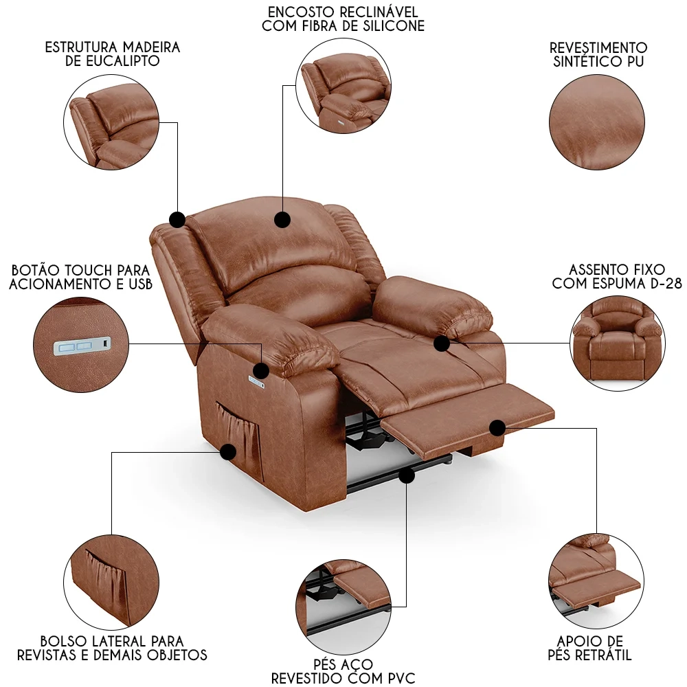 Poltrona do Papai Reclinável Pietra Elétrica LED FH9 PU Caramelo Brilho - Mpozenato