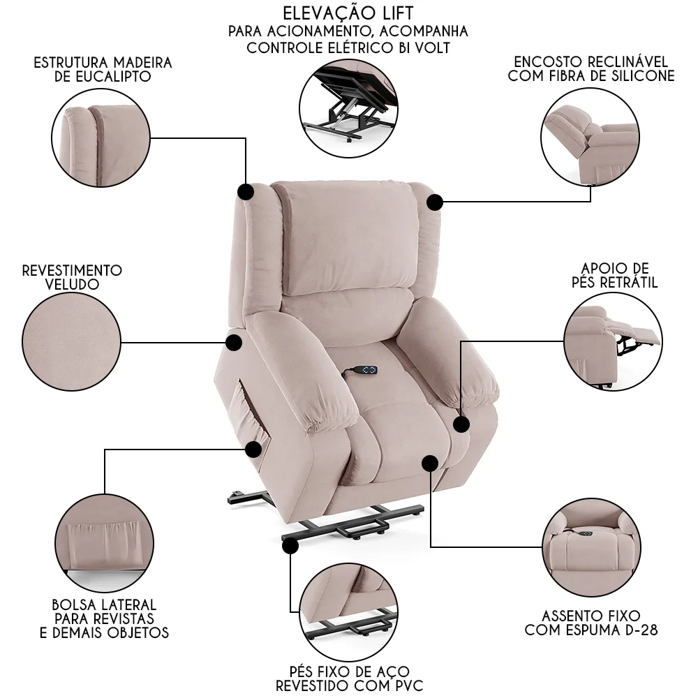 Poltrona do Papai Reclinável Pietra Elevação Lift Elétrico FH9 Veludo Rosê - Mpozenato