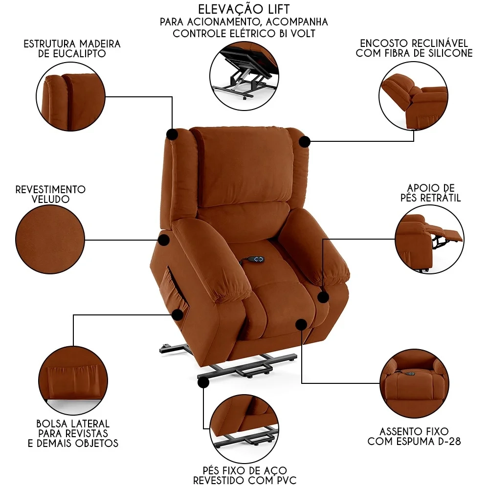 Poltrona do Papai Reclinável Pietra Elevação Lift Elétrico FH9 Veludo Terracota - Mpozenato