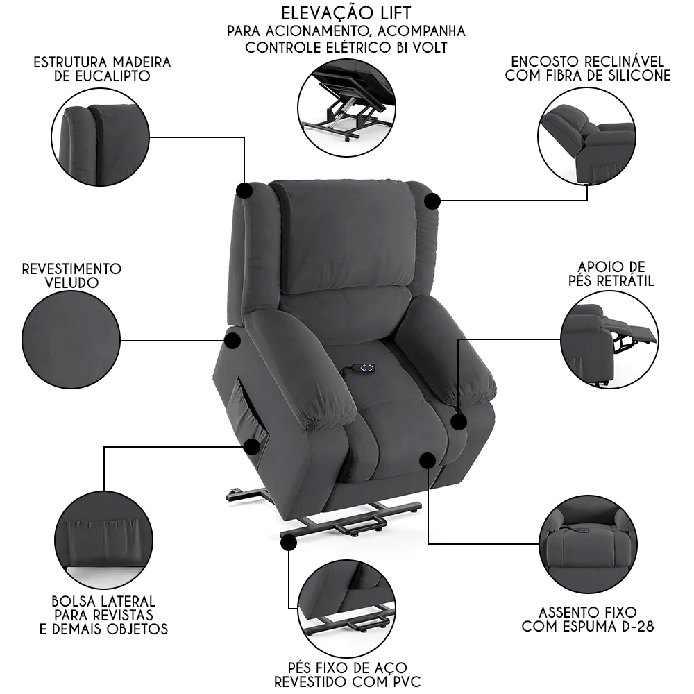 Poltrona do Papai Reclinável Pietra Elevação Lift Elétrico FH9 Veludo Cinza - Mpozenato