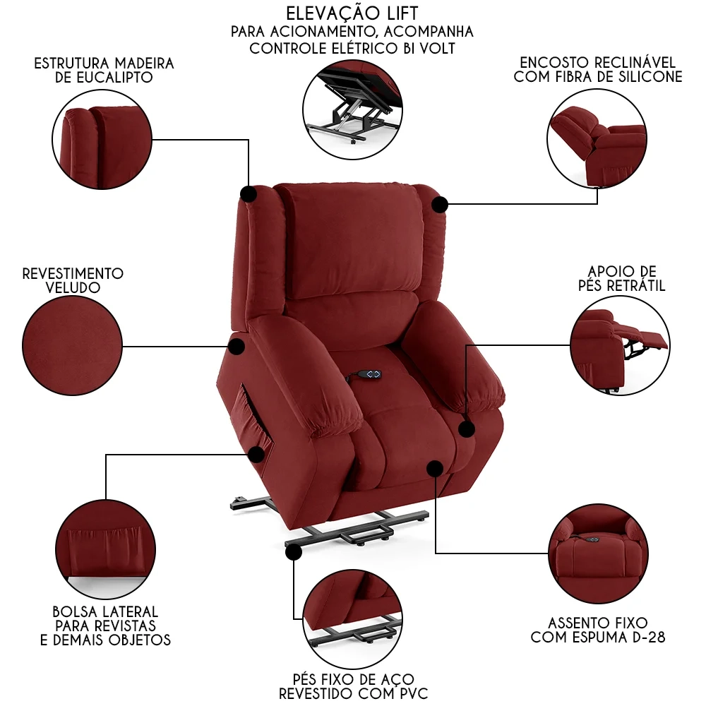 Poltrona do Papai Reclinável Pietra Elevação Lift Elétrico FH9 Veludo Vermelho - Mpozenato