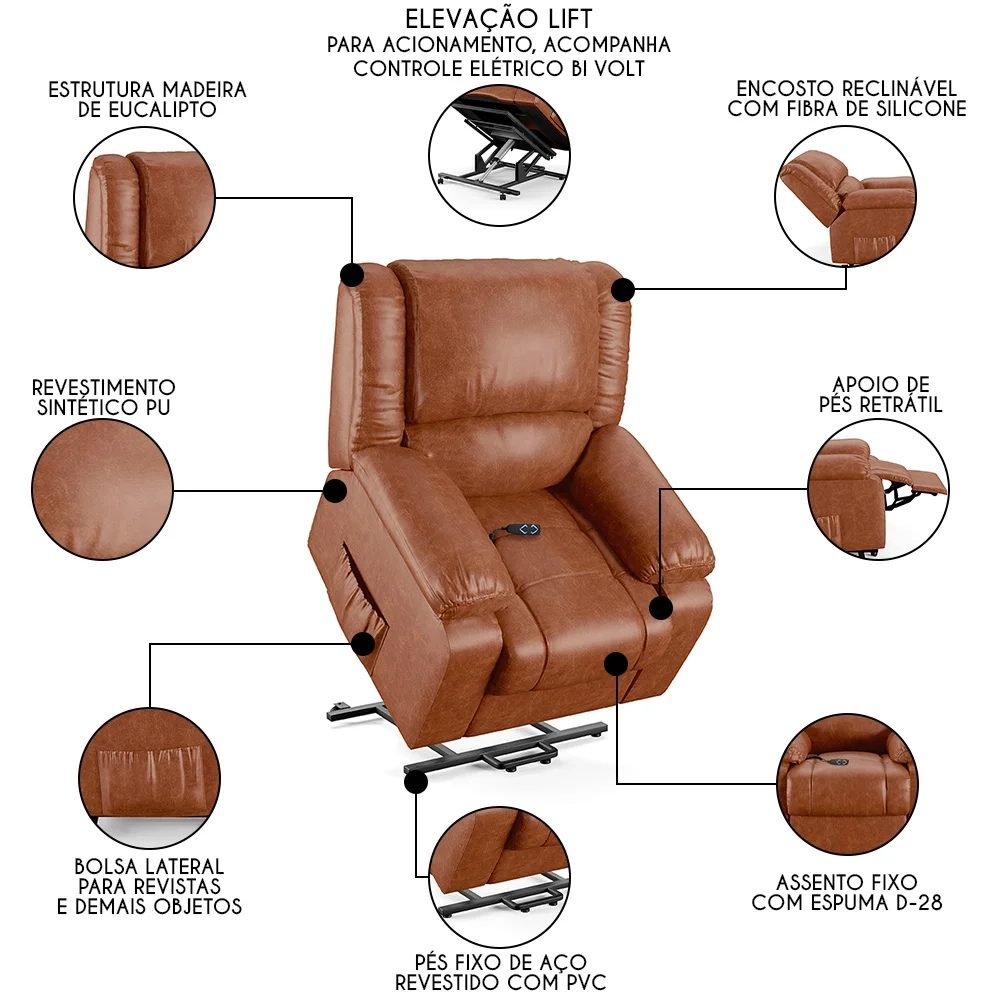 Poltrona do Papai Reclinável Pietra Elevação Lift Elétrico FH9 PU Caramelo Brilho - Mpozenato