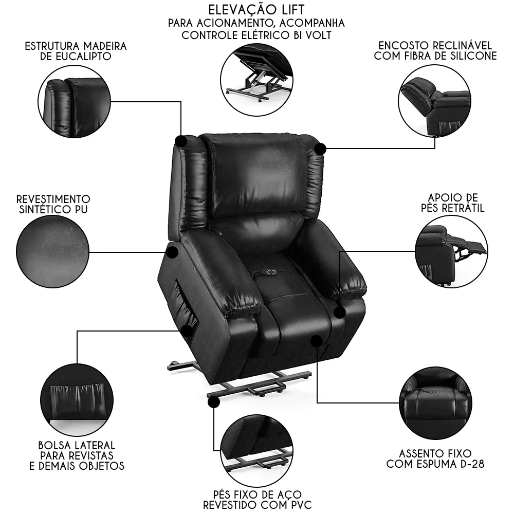 Poltrona do Papai Reclinável Pietra Elevação Lift Elétrico FH9 PU Preto Brilho - Mpozenato