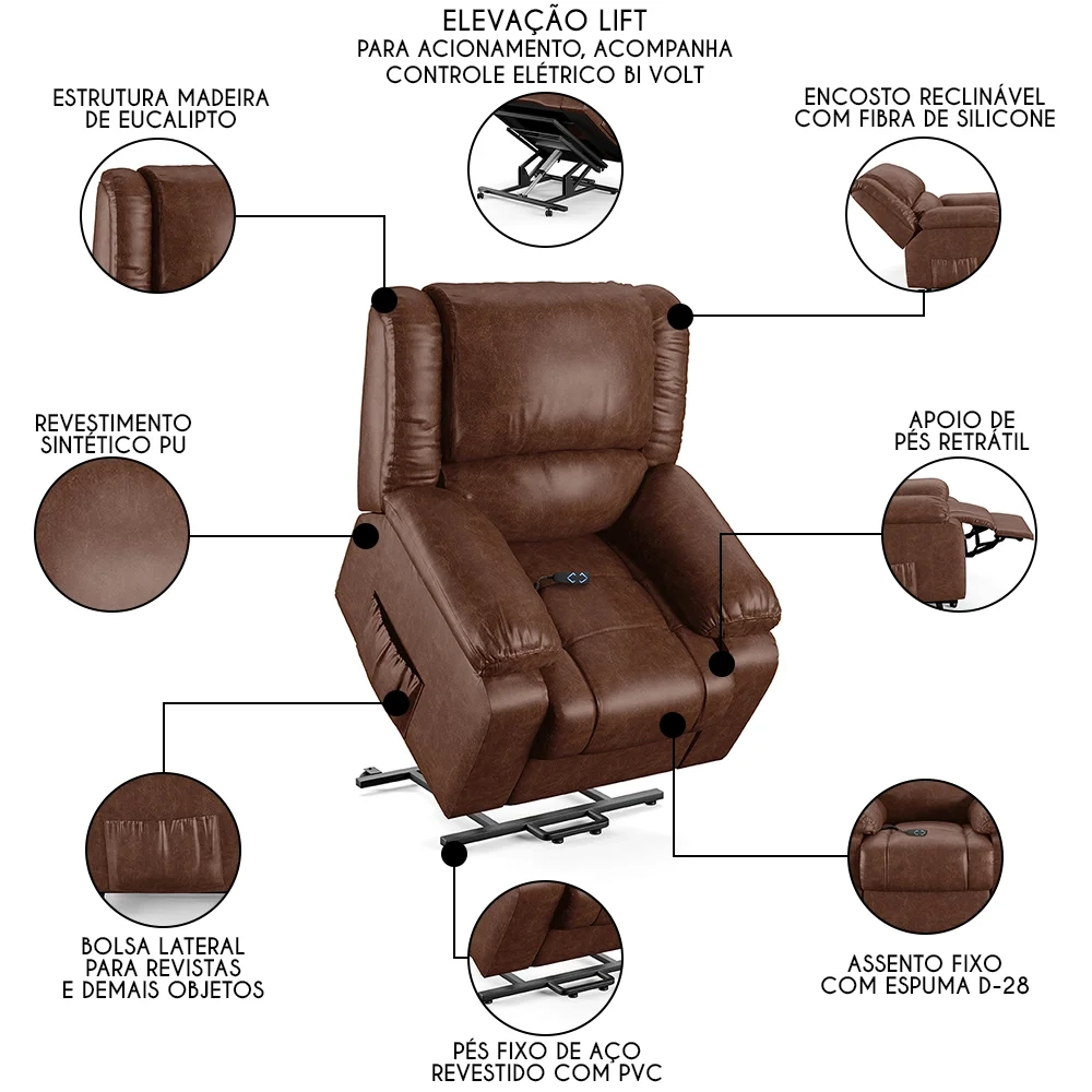 Poltrona do Papai Reclinável Pietra Elevação Lift Elétrico FH9 PU Marrom Brilho - Mpozenato