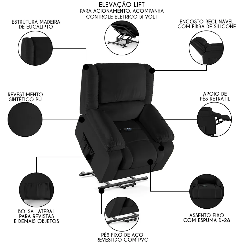 Poltrona do Papai Reclinável Pietra Elevação Lift Elétrico FH9 PU Preto - Mpozenato