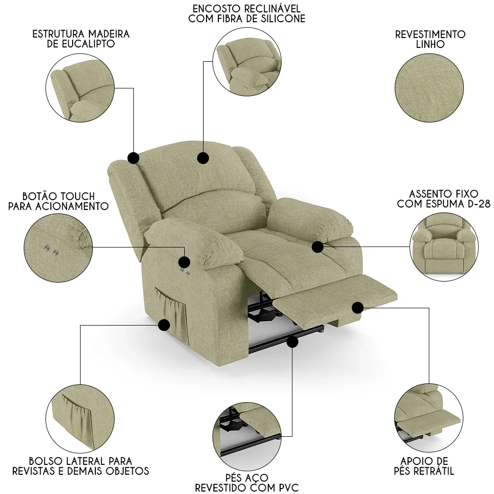 Poltrona do Papai Reclinável Pietra Power Touch FH9 Linho Bege - Mpozenato