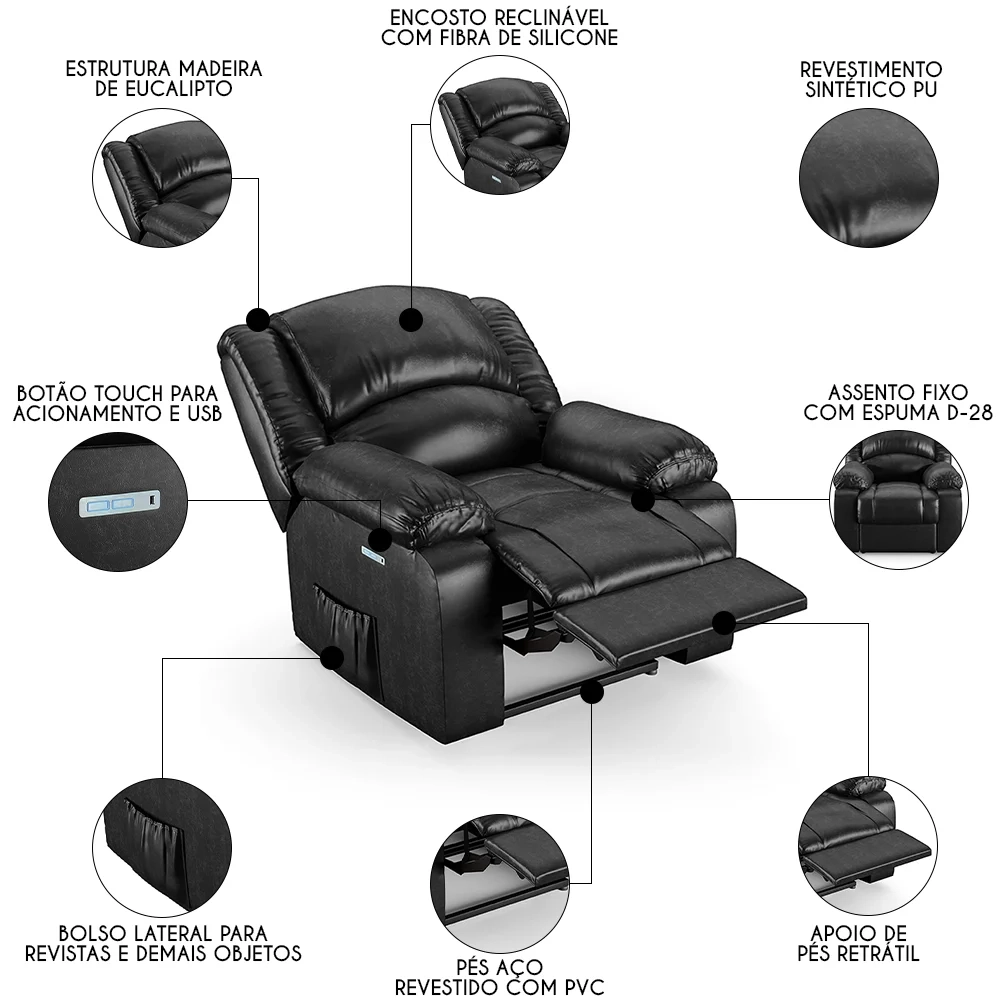 Poltrona do Papai Reclinável Pietra Elétrica LED FH9 PU Preto Brilho - Mpozenato