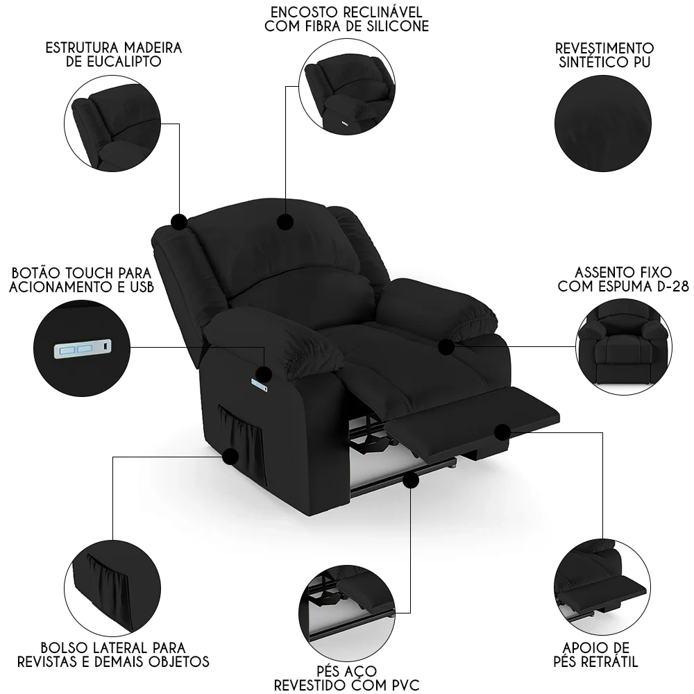 Poltrona do Papai Reclinável Pietra Elétrica LED FH9 PU Preto - Mpozenato