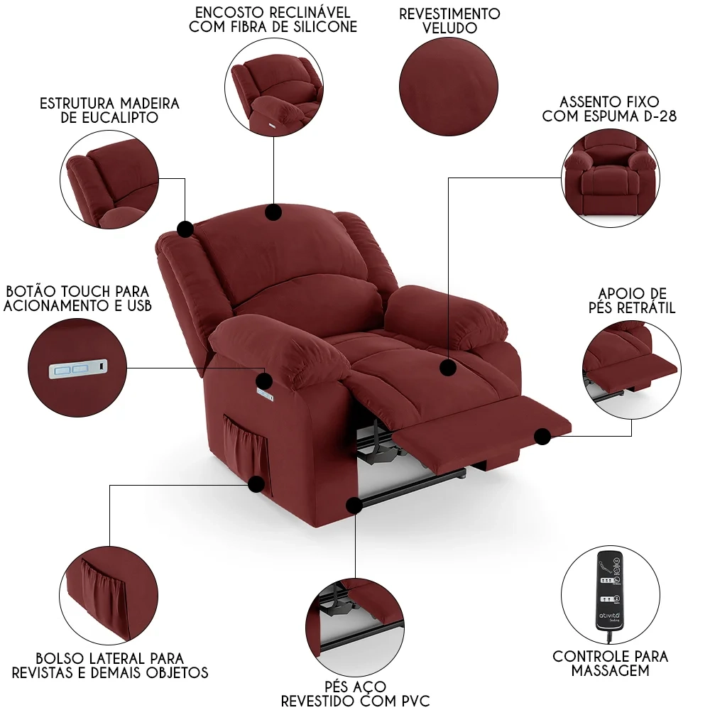 Poltrona do Papai Reclinável Pietra Elétrica LED Massagem FH9 Veludo Vermelho - Mpozenato