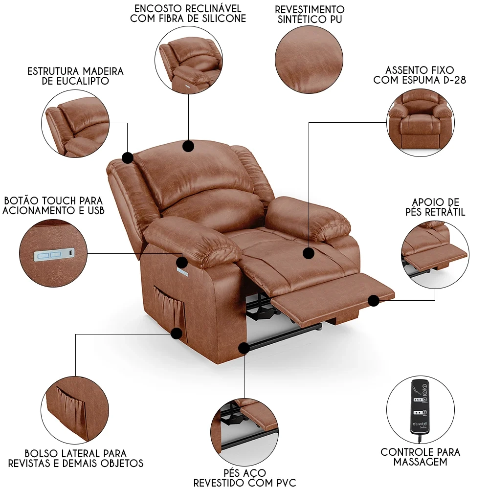 Poltrona do Papai Reclinável Pietra Elétrica LED Massagem FH9 PU Caramelo Brilho - Mpozenato