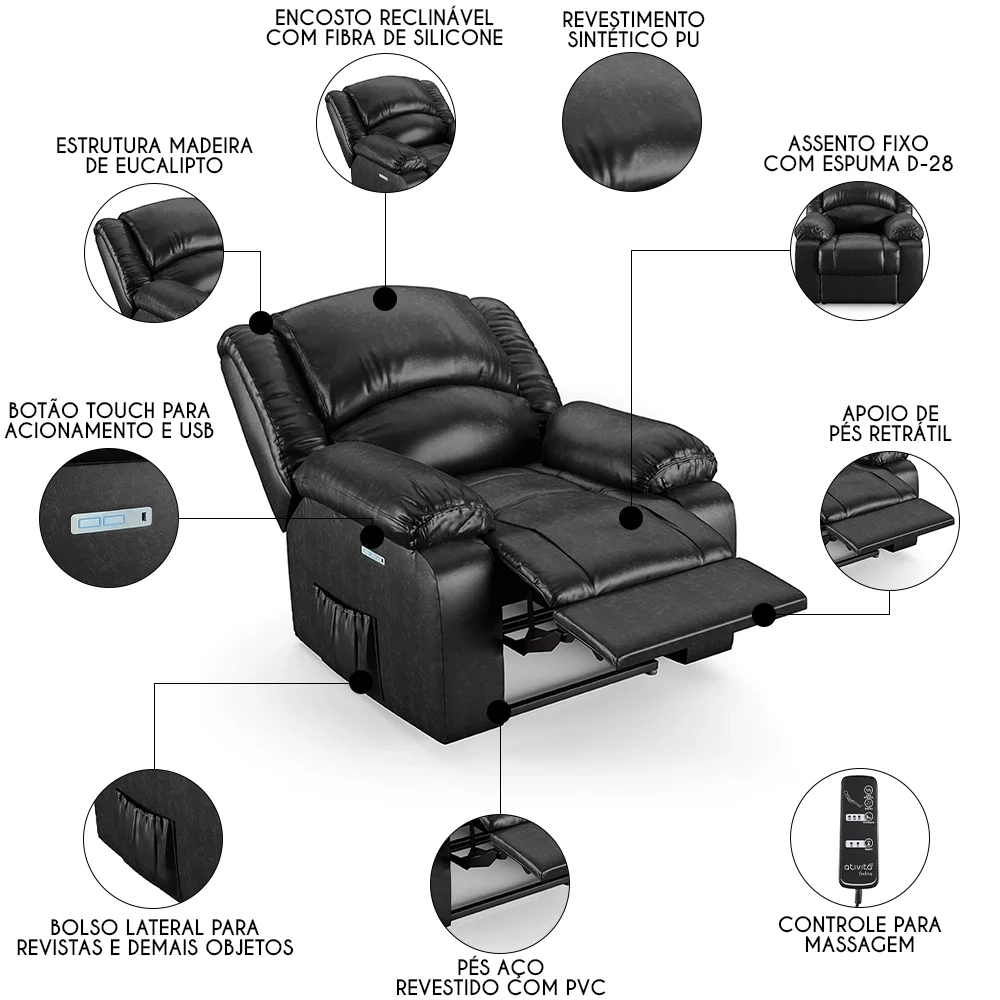 Poltrona do Papai Reclinável Pietra Elétrica LED Massagem FH9 PU Preto Brilho - Mpozenato