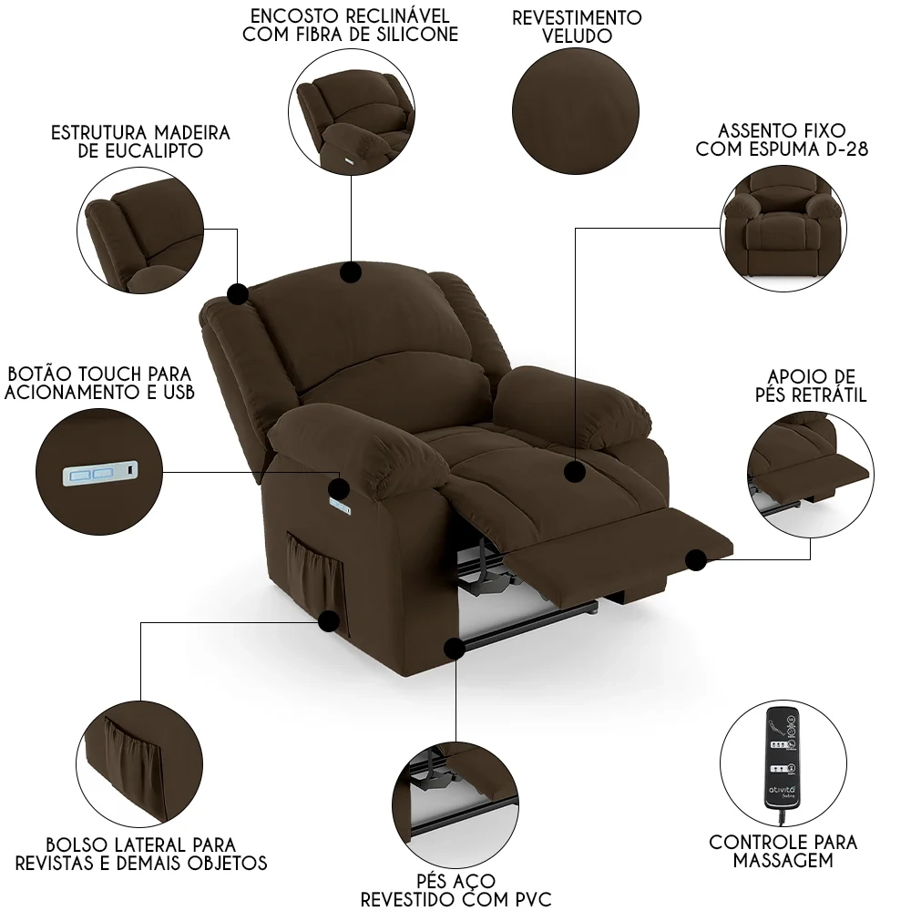 Poltrona do Papai Reclinável Pietra Elétrica LED Massagem FH9 Veludo Marrom - Mpozenato