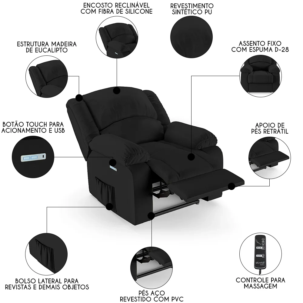 Poltrona do Papai Reclinável Pietra Elétrica LED Massagem FH9 PU Preto - Mpozenato
