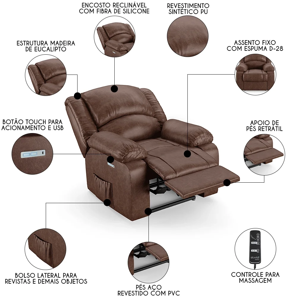 Poltrona do Papai Reclinável Pietra Elétrica LED Massagem FH9 PU Marrom Brilho - Mpozenato