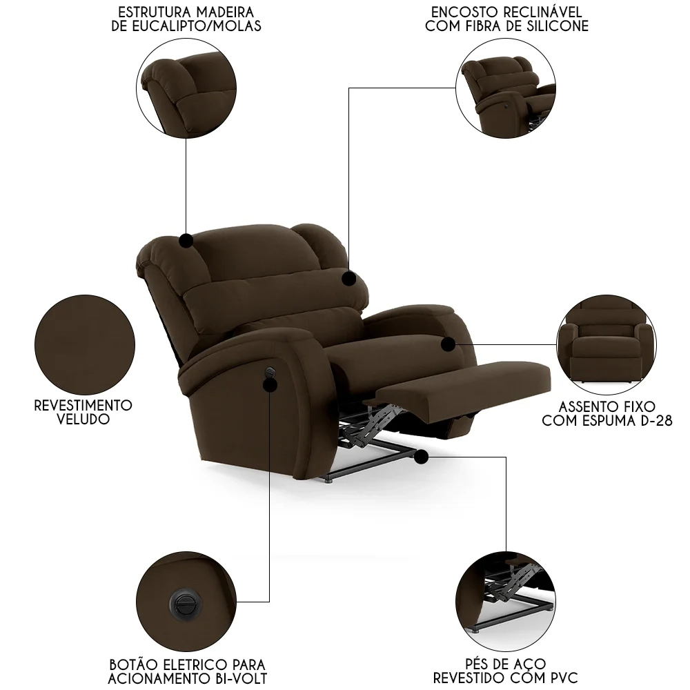 Poltrona do Papai Reclinável Kalie Power Elétrica FH9 Veludo Marrom - Mpozenato