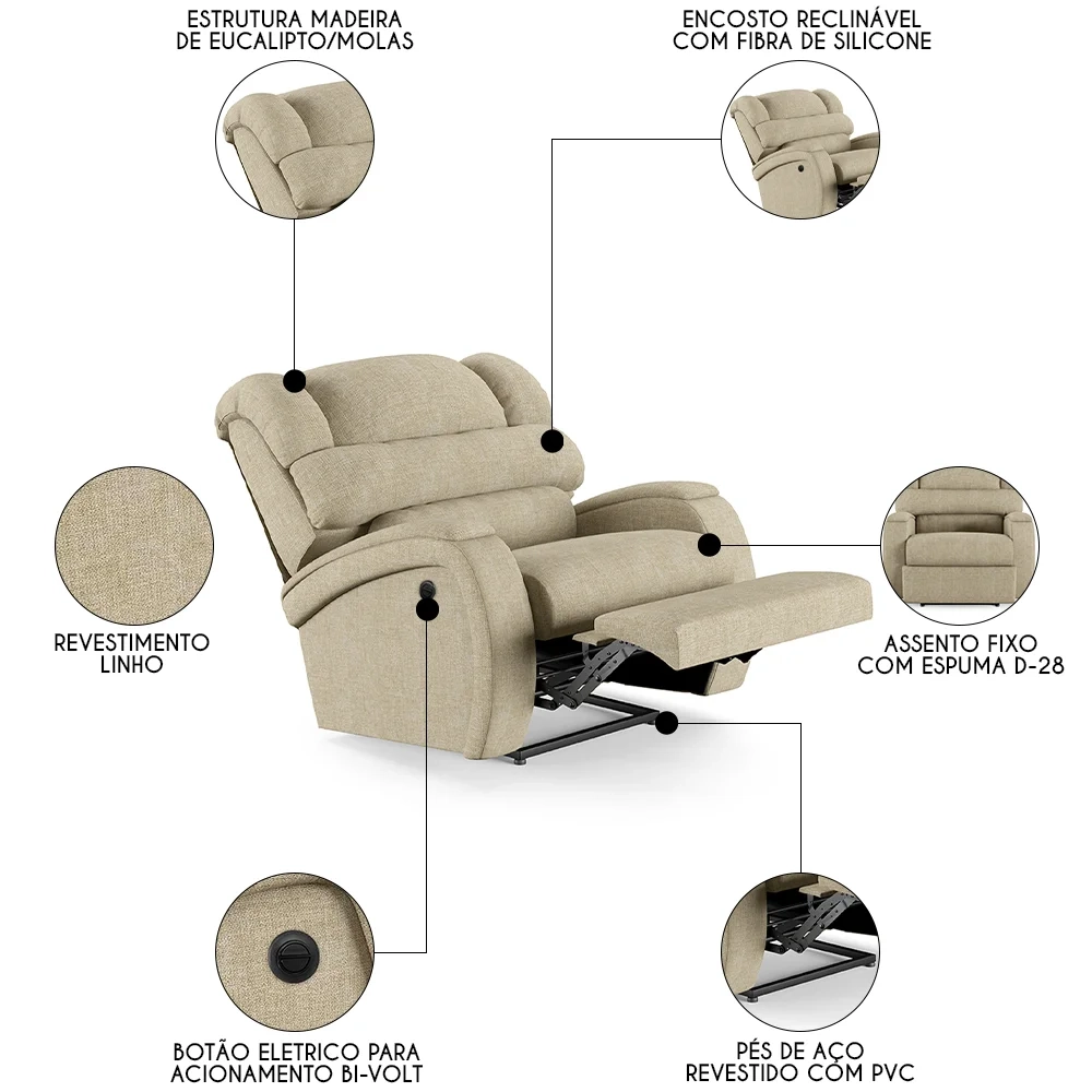 Poltrona do Papai Reclinável Kalie Power Elétrica FH9 Linho Bege - Mpozenato