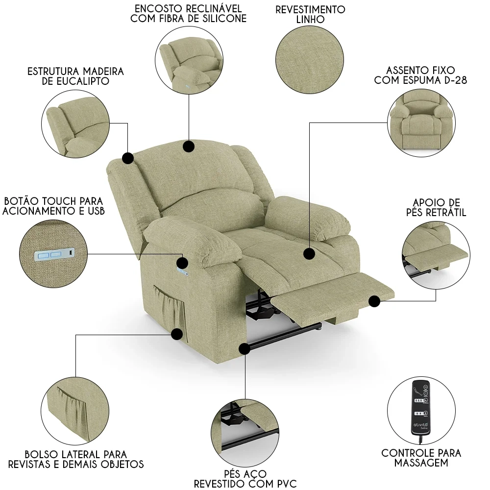 Poltrona do Papai Reclinável Pietra Elétrica LED Massagem FH9 Linho Bege - Mpozenato
