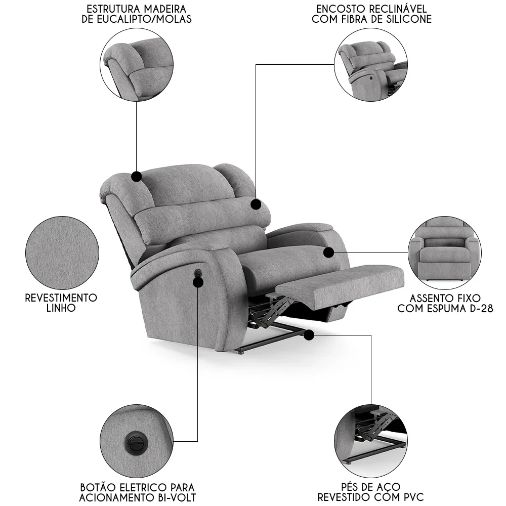 Poltrona do Papai Reclinável Kalie Power Elétrica FH9 Linho Cinza - Mpozenato