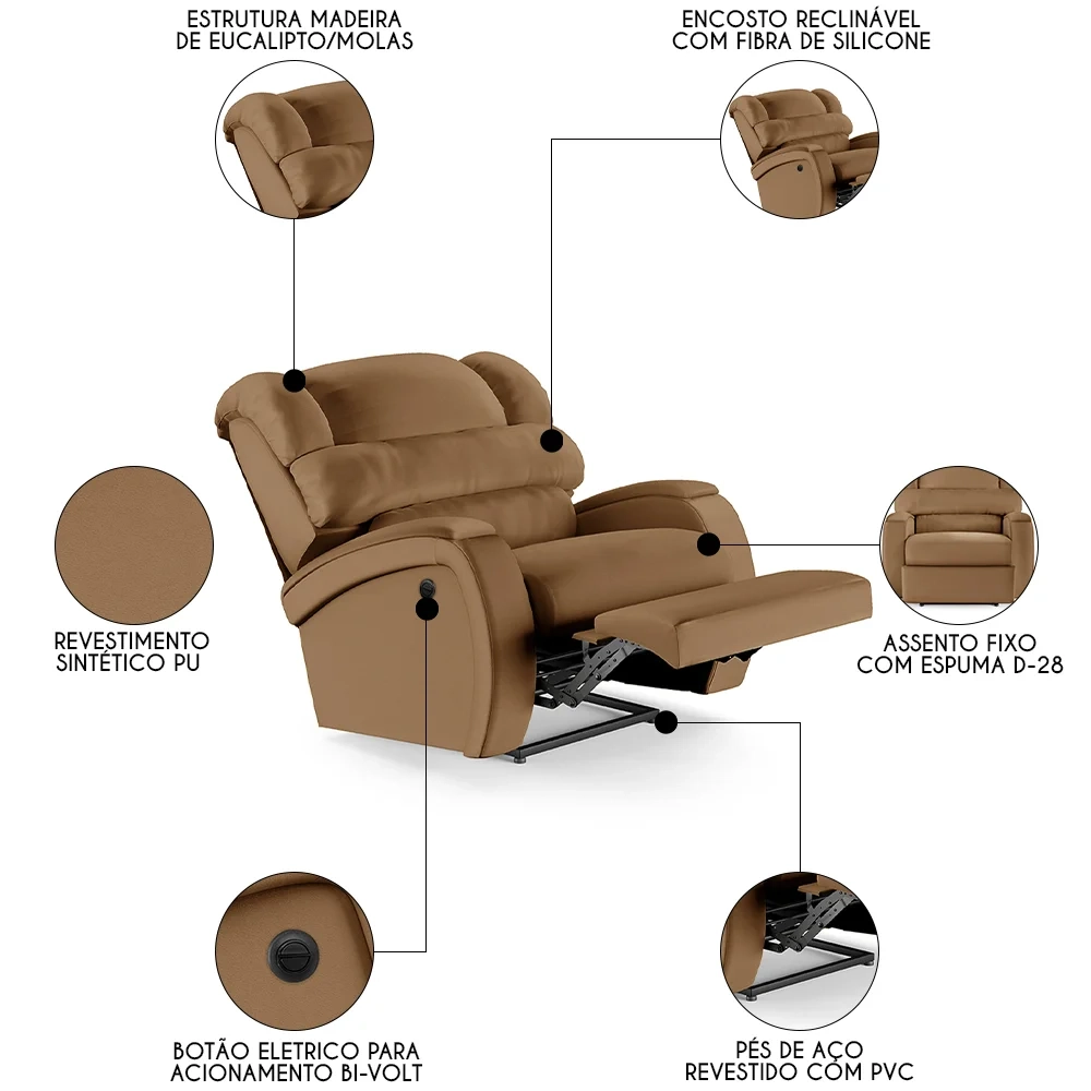 Poltrona do Papai Reclinável Kalie Power Elétrica FH9 PU Caramelo - Mpozenato