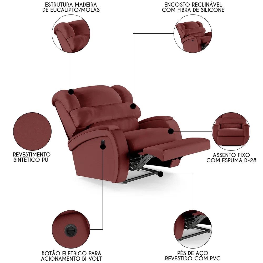Poltrona do Papai Reclinável Kalie Power Elétrica FH9 PU Vermelho - Mpozenato