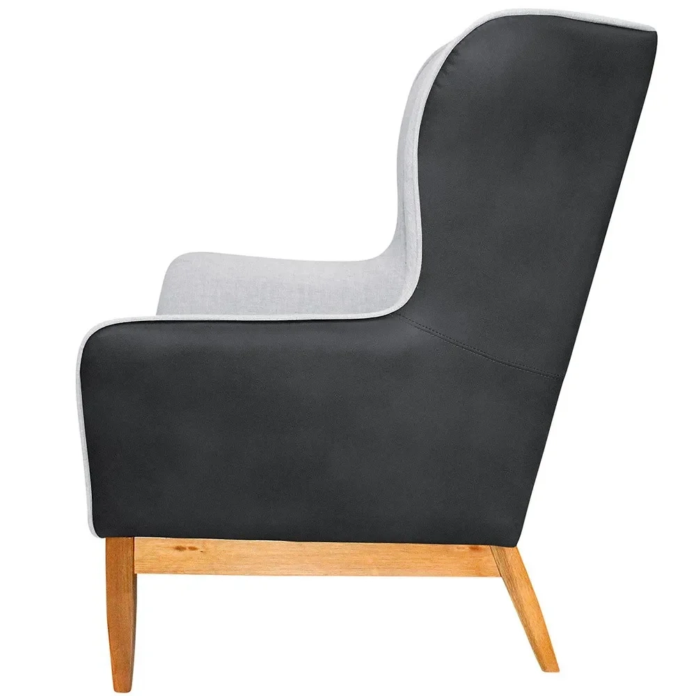 Poltrona Decorativa Base Madeira Milena Sintético C-05 Lona D-315 Preto/Cinza Claro - Domi