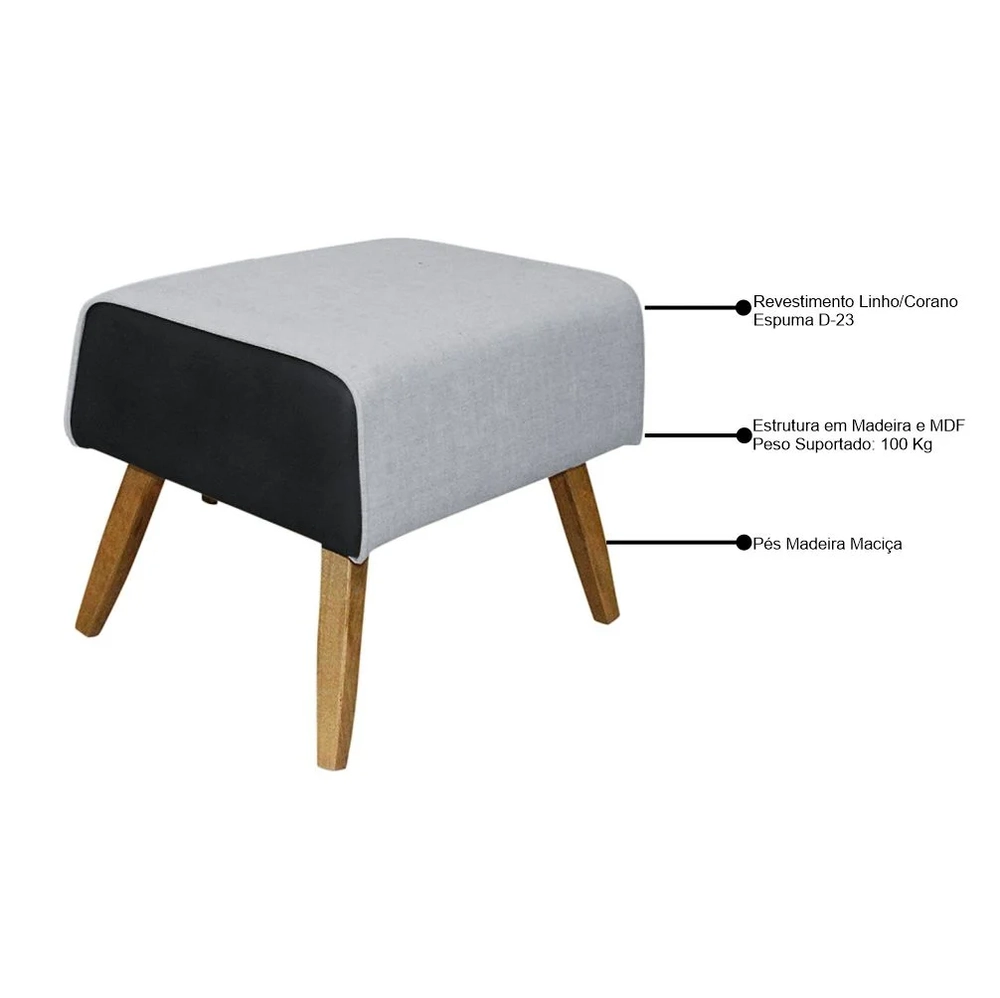 Puff Decorativo Viseo 60cm Lona C-05 Corano D-315 Preto Domi