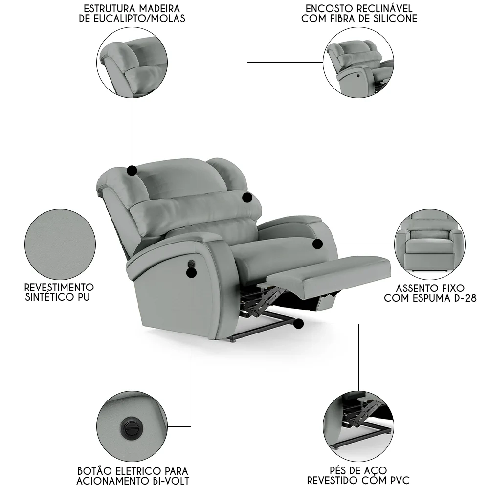 Poltrona do Papai Reclinável Kalie Power Elétrica FH9 PU Cinza - Mpozenato