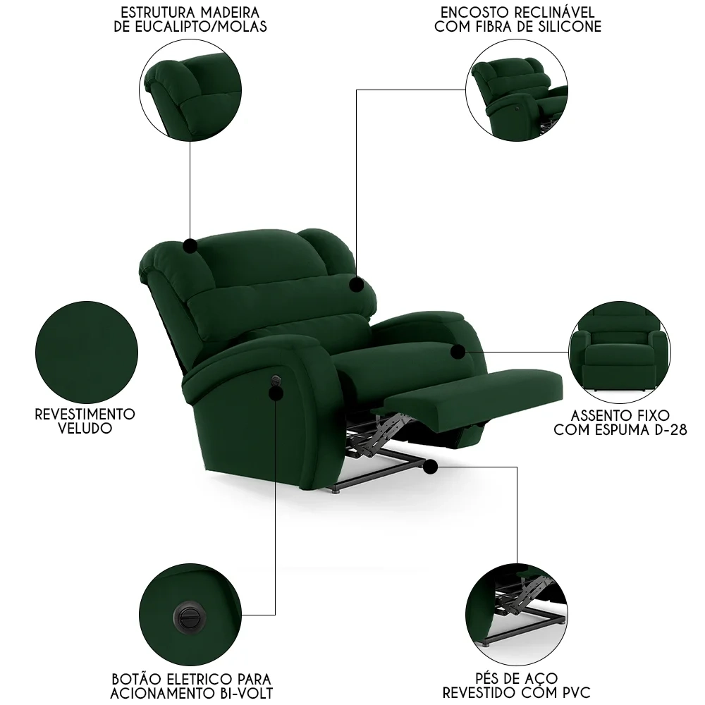 Poltrona do Papai Reclinável Kalie Power Elétrica FH9 Veludo Verde - Mpozenato