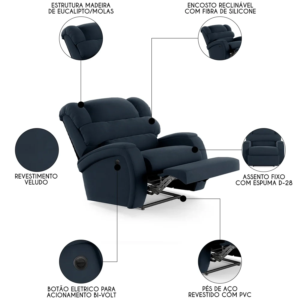 Poltrona do Papai Reclinável Kalie Power Elétrica FH9 Veludo Azul - Mpozenato