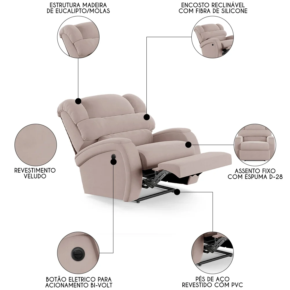 Poltrona do Papai Reclinável Kalie Power Elétrica FH9 Veludo Rosê - Mpozenato