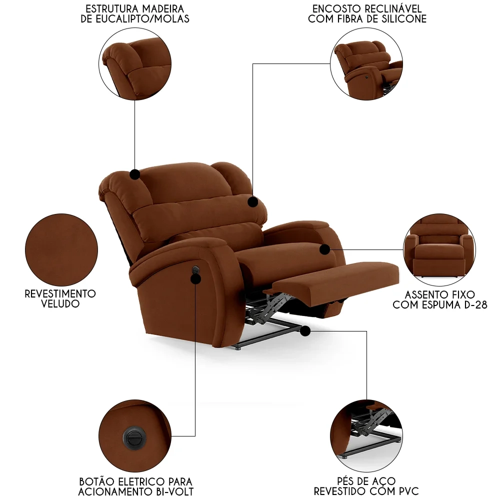 Poltrona do Papai Reclinável Kalie Power Elétrica FH9 Veludo Terracota - Mpozenato