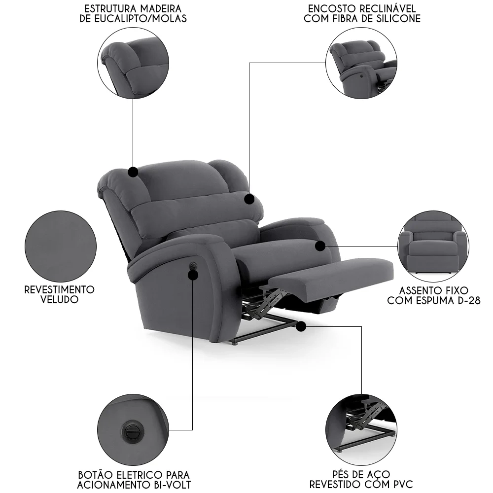 Poltrona do Papai Reclinável Kalie Power Elétrica FH9 Veludo Cinza - Mpozenato