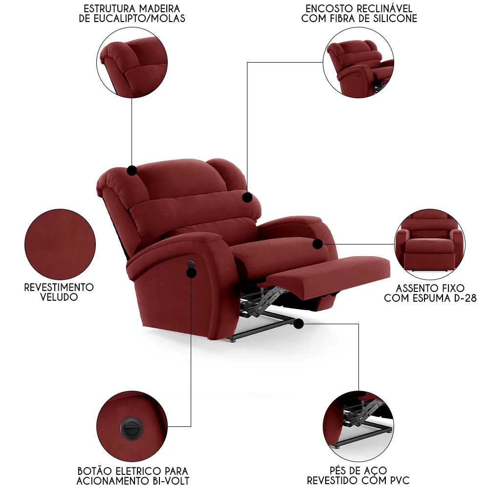 Poltrona do Papai Reclinável Kalie Power Elétrica FH9 Veludo Vermelho - Mpozenato