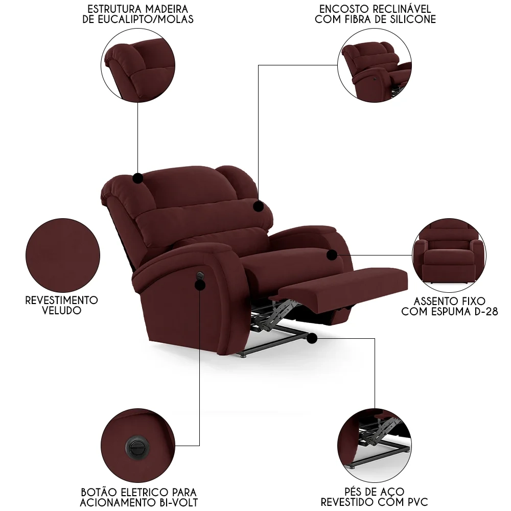 Poltrona do Papai Reclinável Kalie Power Elétrica FH9 Veludo Vinho - Mpozenato