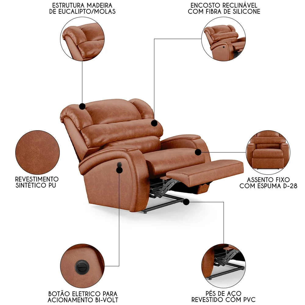 Poltrona do Papai Reclinável Kalie Power Elétrica FH9 PU Caramelo Brilho - Mpozenato