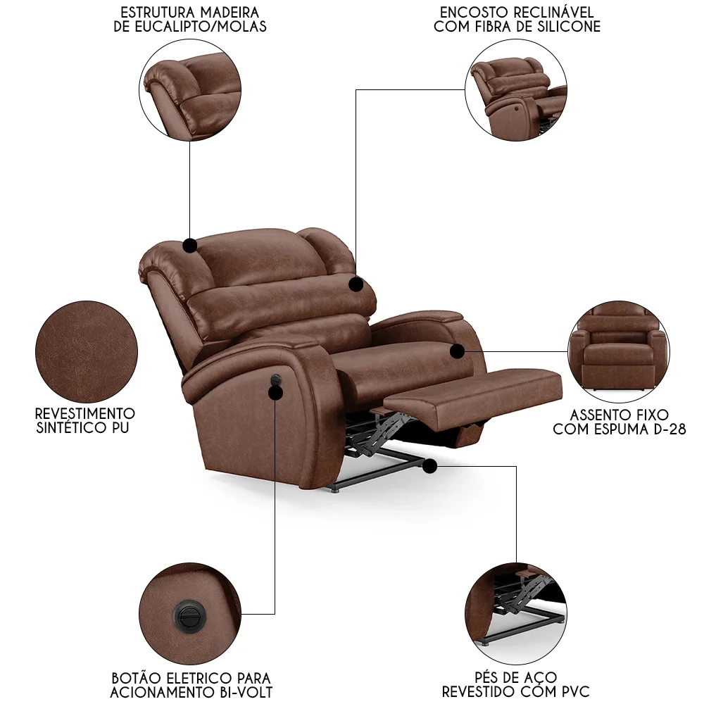 Poltrona do Papai Reclinável Kalie Power Elétrica FH9 PU Marrom Brilho - Mpozenato