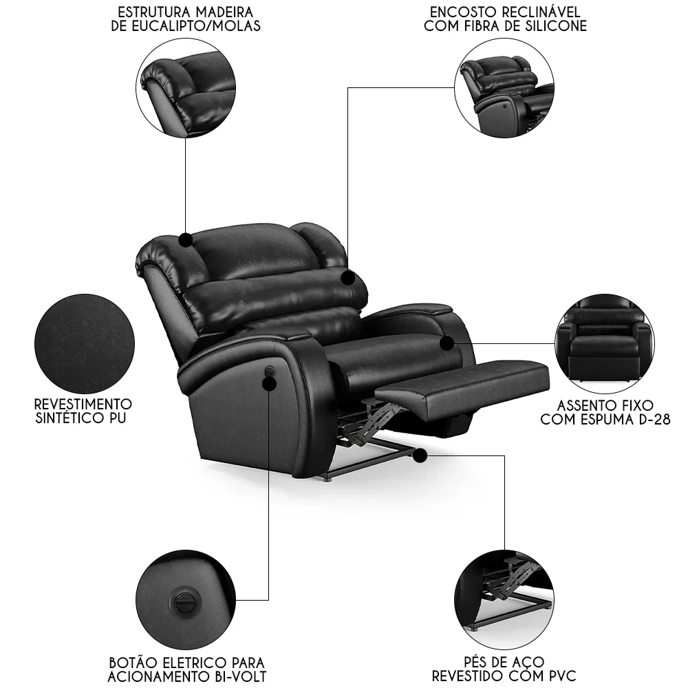 Poltrona do Papai Reclinável Kalie Power Elétrica FH9 PU Preto Brilho - Mpozenato