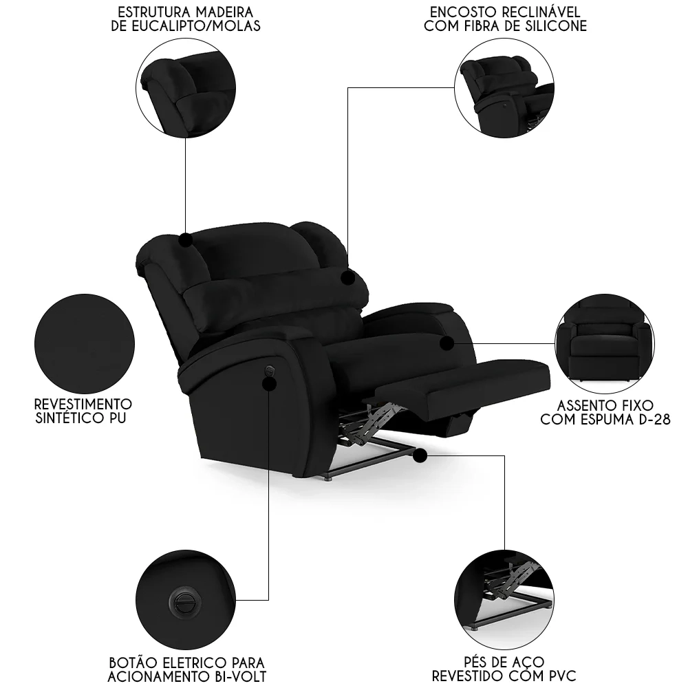 Poltrona do Papai Reclinável Kalie Power Elétrica FH9 PU Preto - Mpozenato